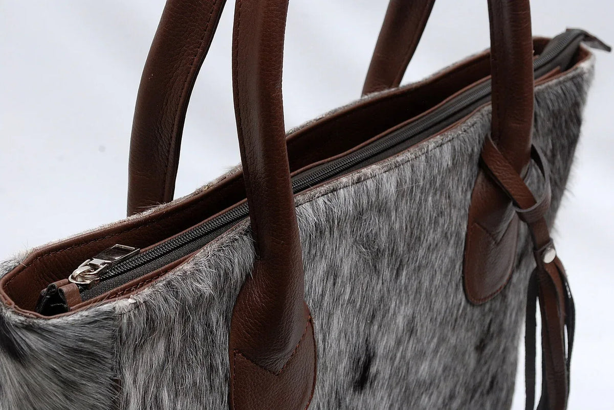 Cowhide Tote Bag with Speckled Hair-On Hide and Leather Handles