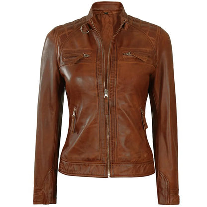 Brown Leather Jacket for Women Slim Fit Biker Style
