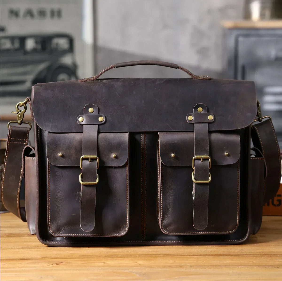 Crazy Horse Leather Messenger Bag for Men 16 Inch Laptop Briefcase