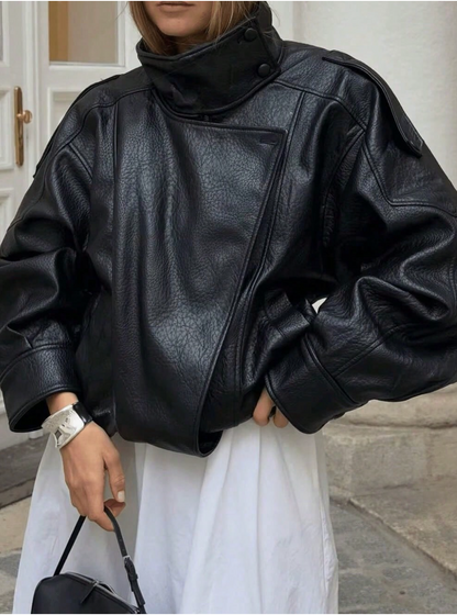 Real Leather Jacket Women Textured Grain Black leather jacket women with visible grain texture and European minimalist aesthetic design.