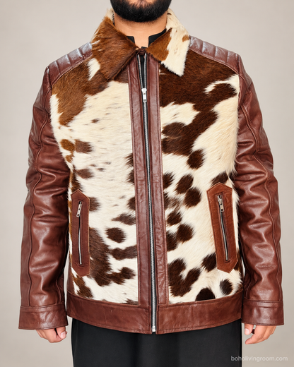 Cowhide Jacket With Brown Leather Sleeves and Hair On Hide