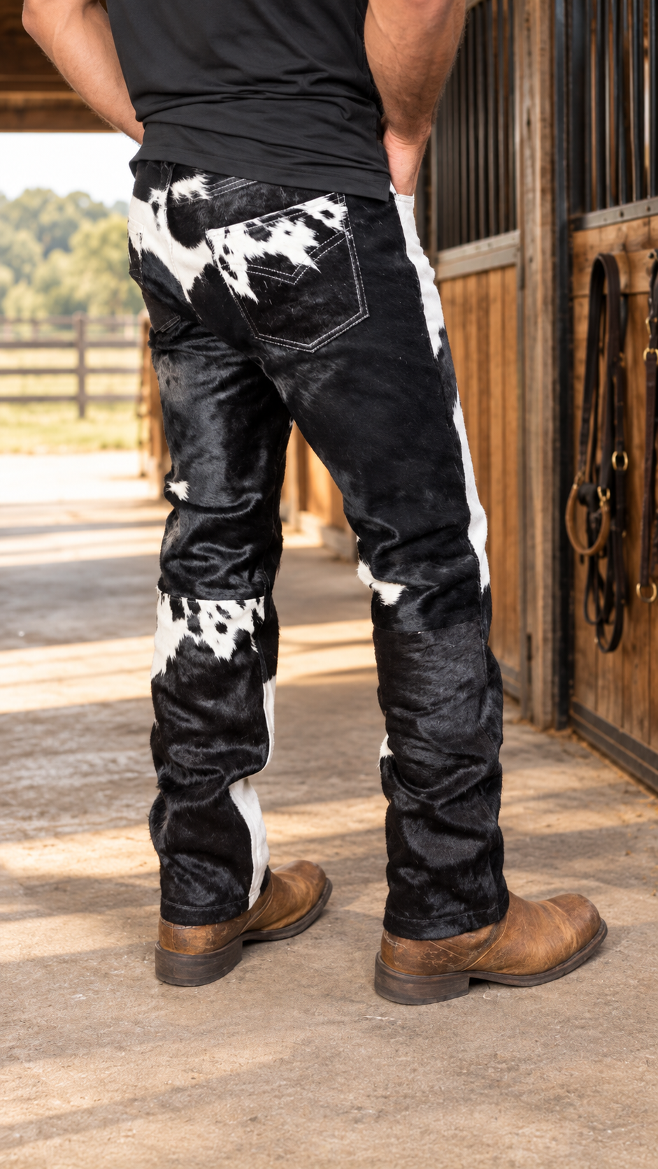 Cowhide Pants Men Black White Western Hair On Hide Trousers