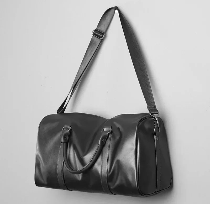 Black Leather Weekender Bag for Men Carry On