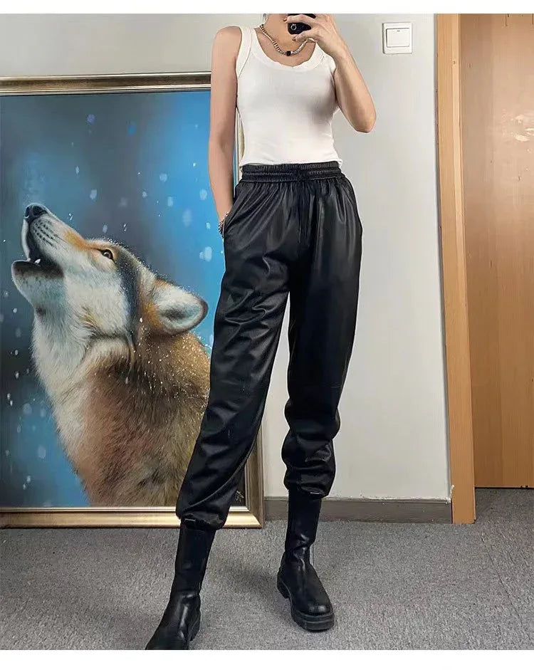 Women Leather Pants High Rise Black Cuff Trousers