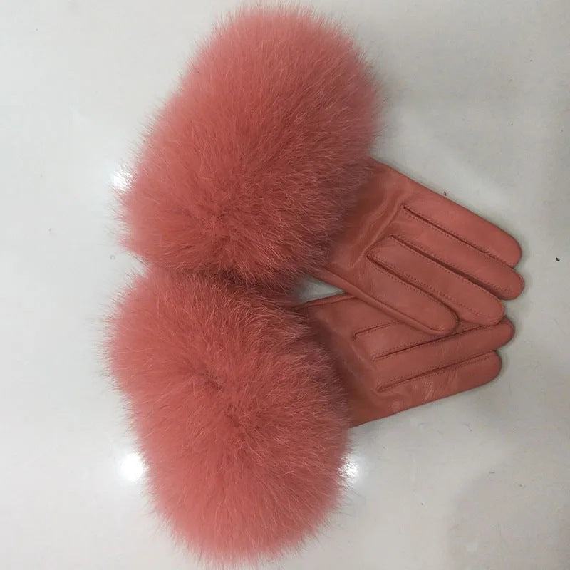 Women leather gloves with fur cuff 5