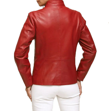 Women’s Red Lambskin Leather Biker Jacket
