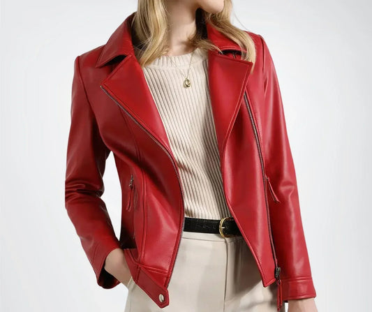 Women's Red Leather Jacket in Lambskin Biker Style
