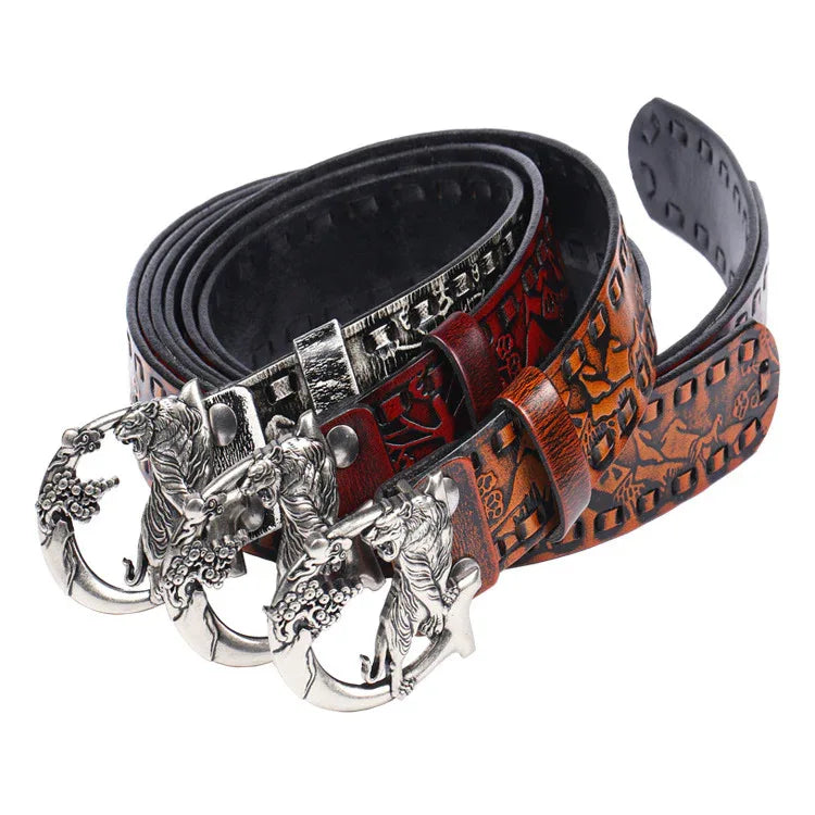Women's Embossed Leather Belt with Tiger Buckle