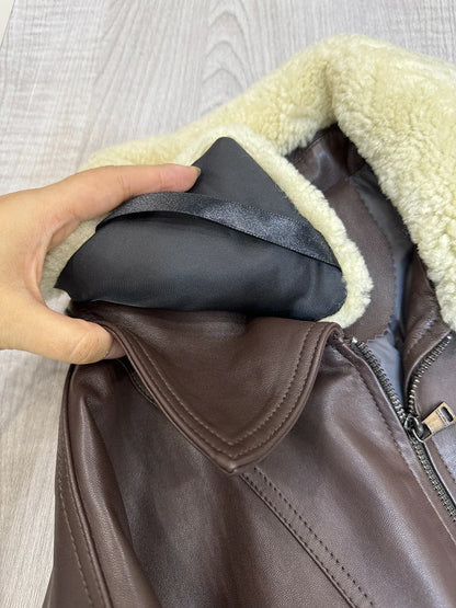 Women sheepskin leather bomber with wool collar