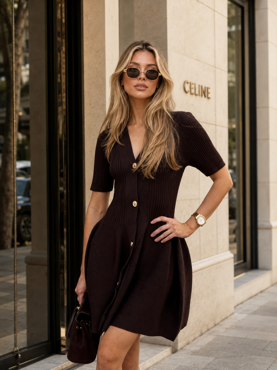 Apricot Knit Mini Dress with V-Neck Buttons and Short Sleeves