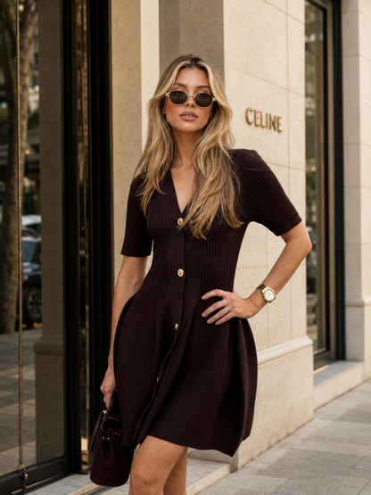 Apricot Knit Mini Dress with V-Neck Buttons and Short Sleeves