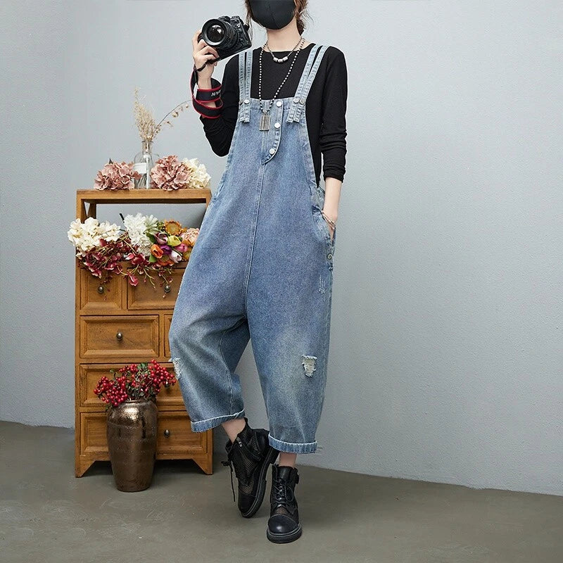 Distressed denim overalls women loose fit adjustable