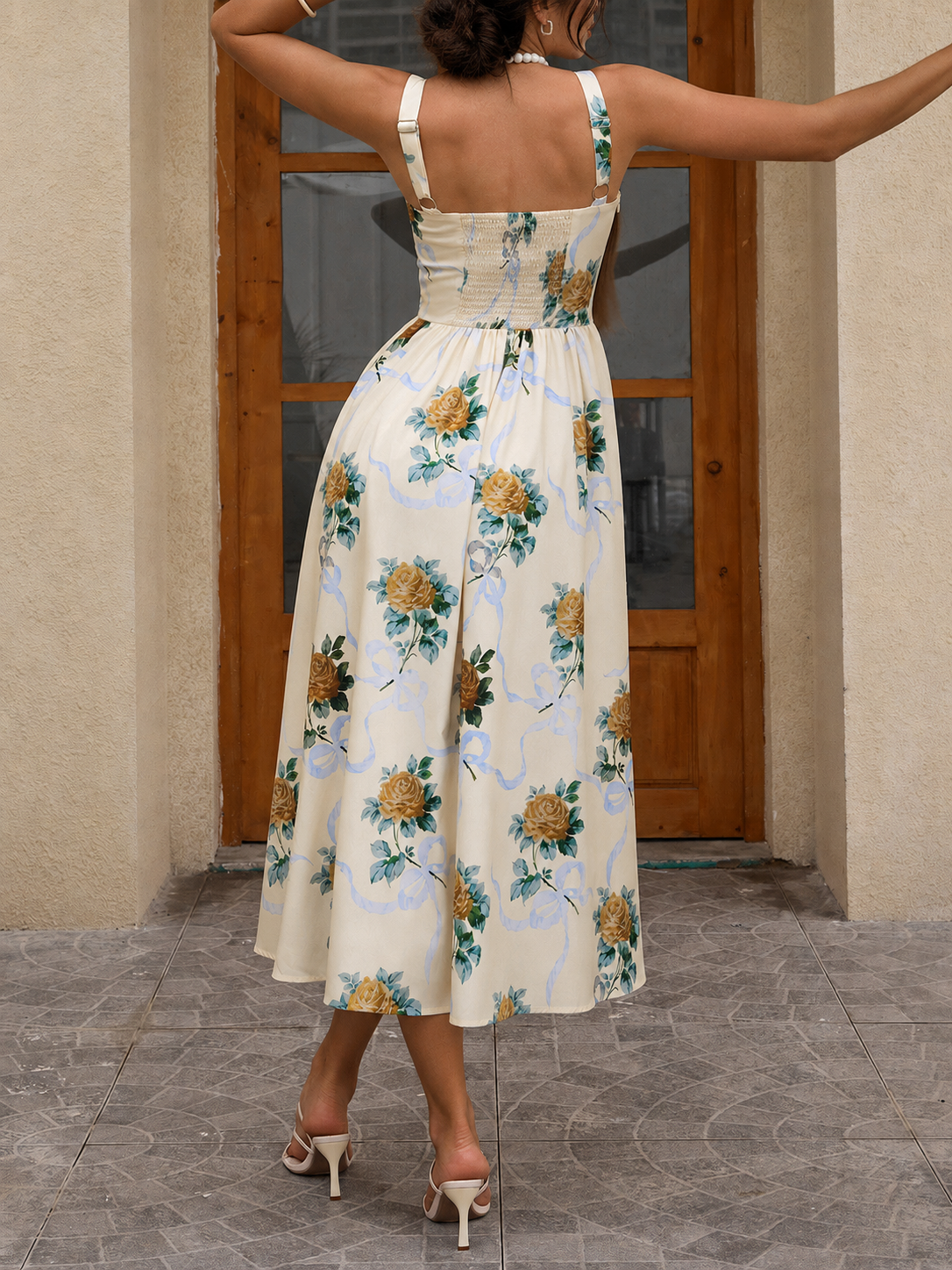 Slit dress with golden rose artwork and soft blue ribbon print
