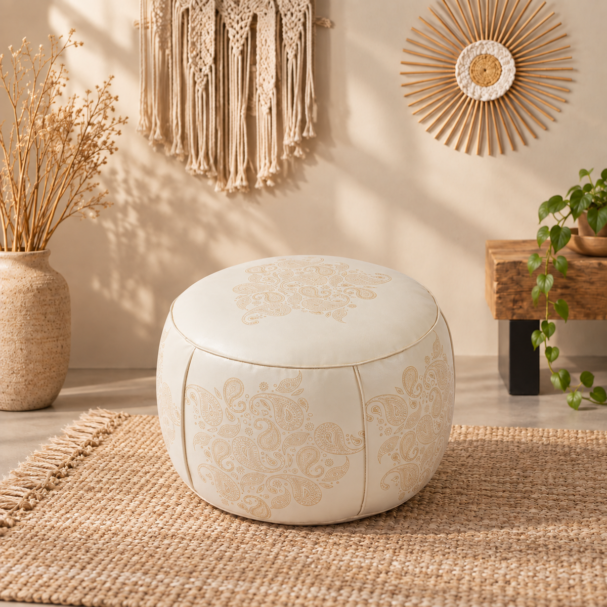 Round faux leather pouf ottoman with ornate paisley detailing and compact shape suited to reading corners and lounge spaces.