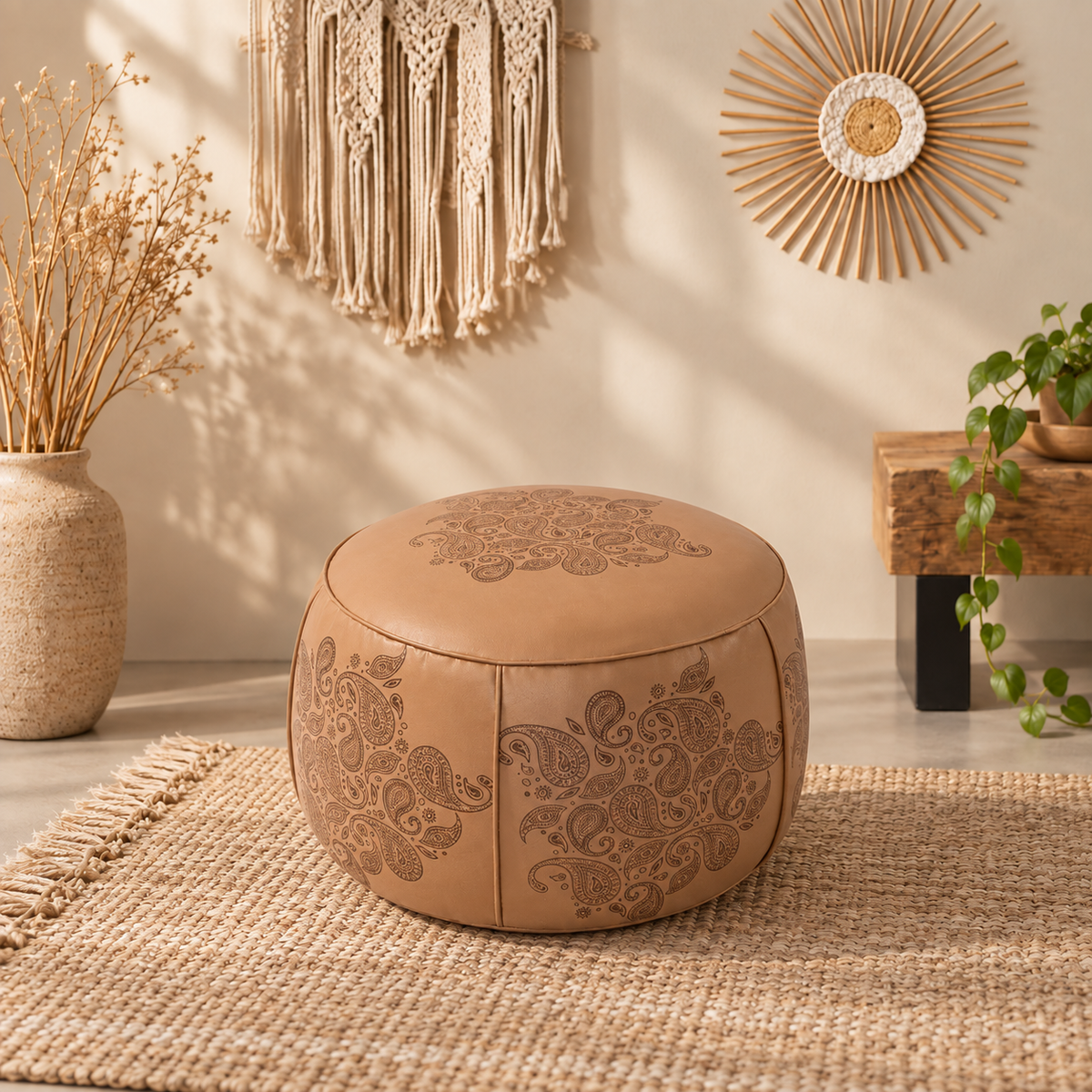 Round faux leather pouf ottoman featuring vintage embossed motifs and warm earthy tones for layered living room decor.
