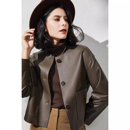 Round neck cropped sheepskin leather jacket 1 M