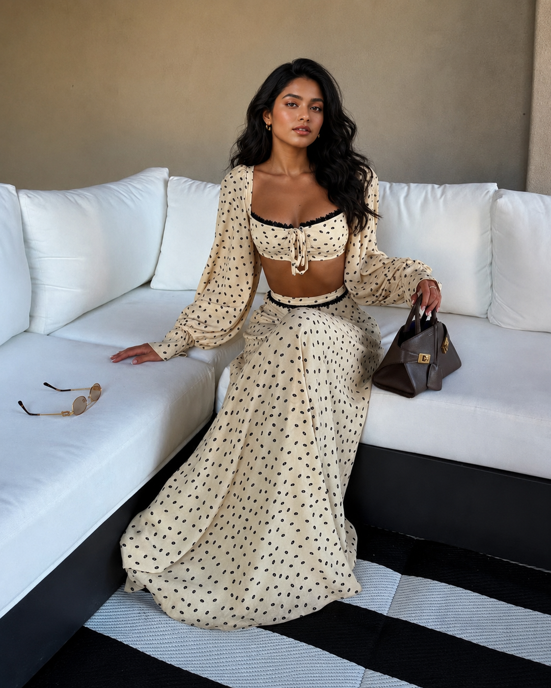 Cream polka dot square neck crop top and high waist maxi skirt set