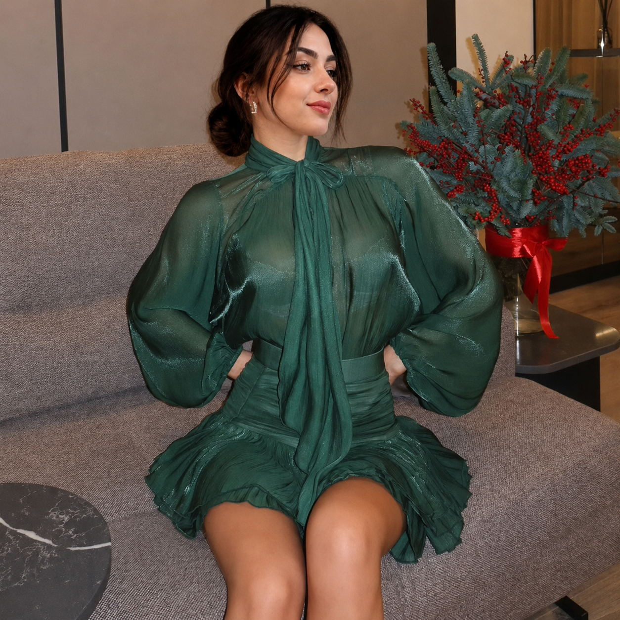 Shimmer bow blouse with high-waist ruched mini skirt set 3 S