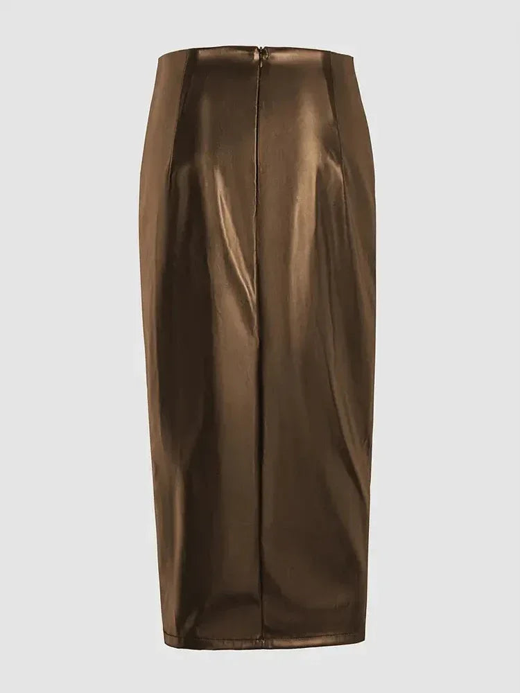 Brown Faux Leather Midi Skirt with Side Slit