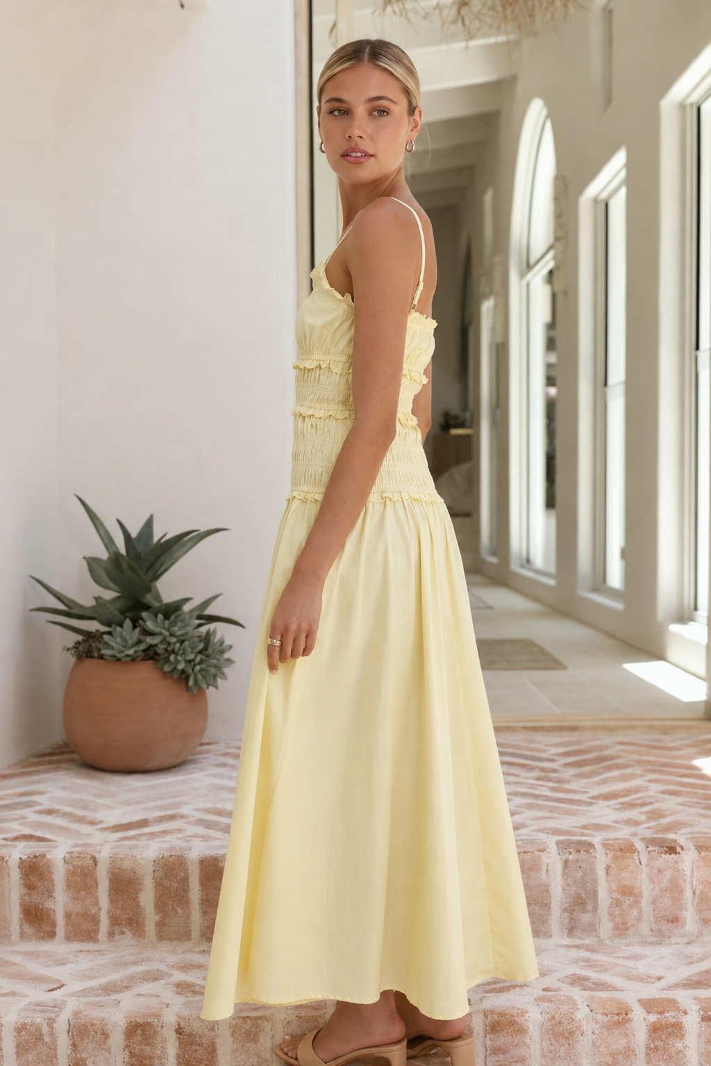 Smocked Spaghetti Strap Ruffle Trim Beach Maxi Dress