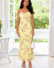 Ruffle strap maxi dress with thin straps and layered front ruffles.