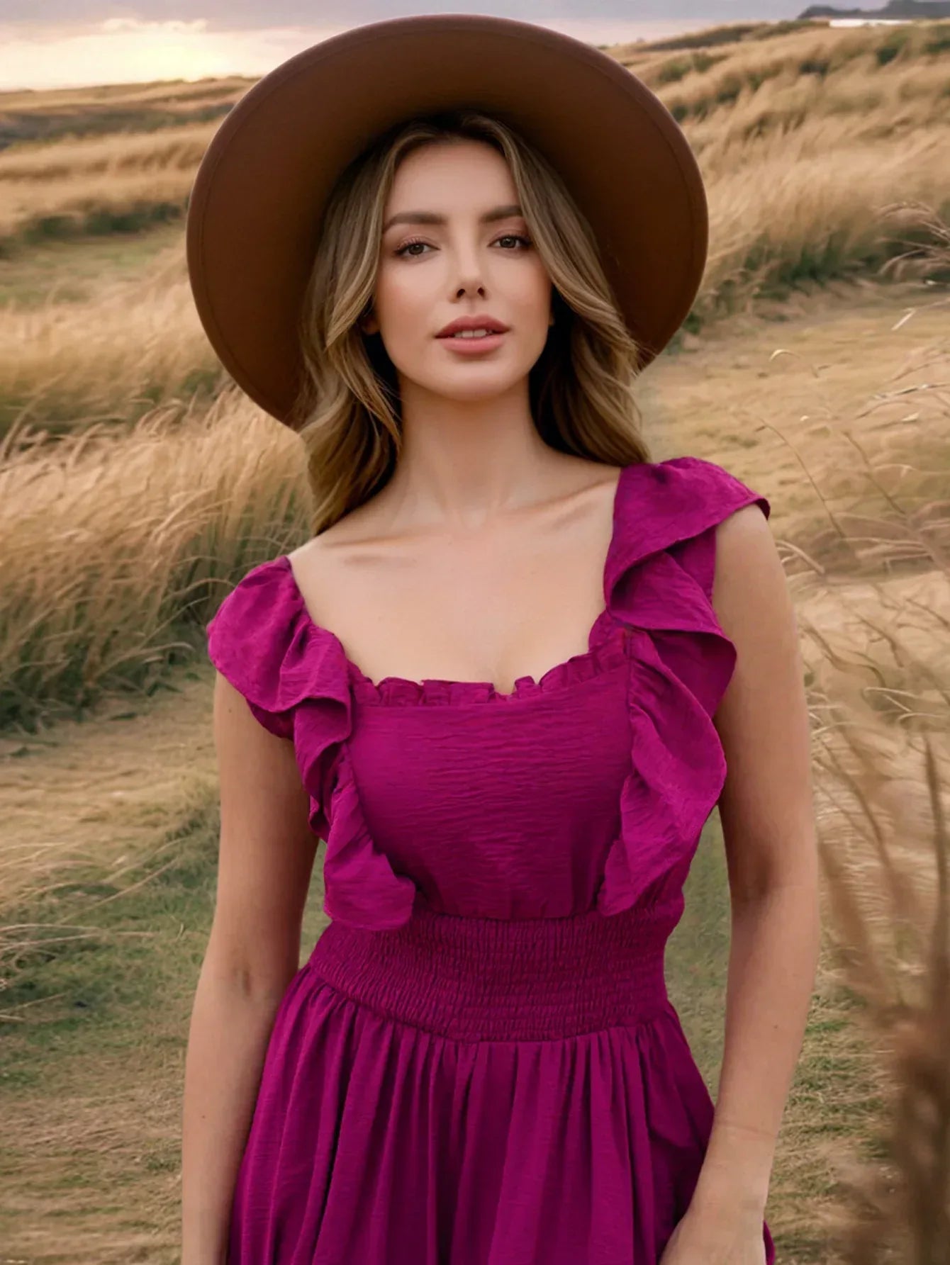 Hot Pink Ruffle Maxi Dress with Square Neck