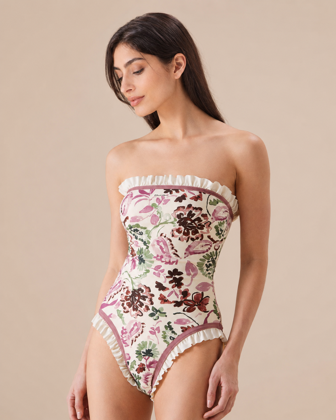 Floral Ruffle One Piece Swimsuit with Square Neck