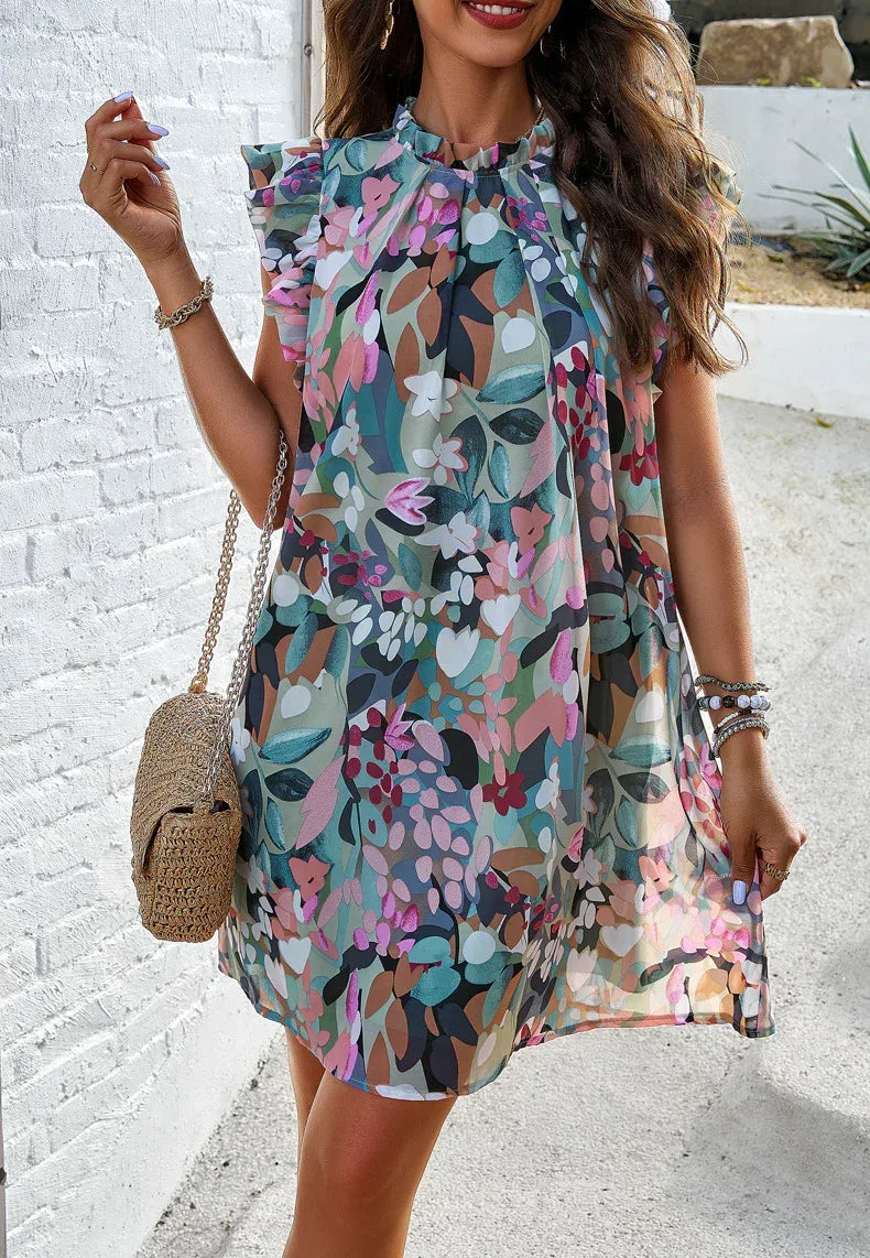 A-Line Short Flowy Summer Dress With Floral Print Hem