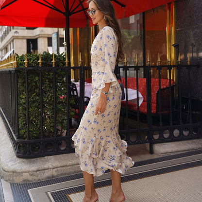 French v-neck floral midi dress for women