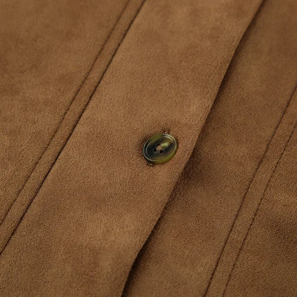 Brown Faux Suede Jacket Women’s Long Sleeve Lapel Coat with Pockets