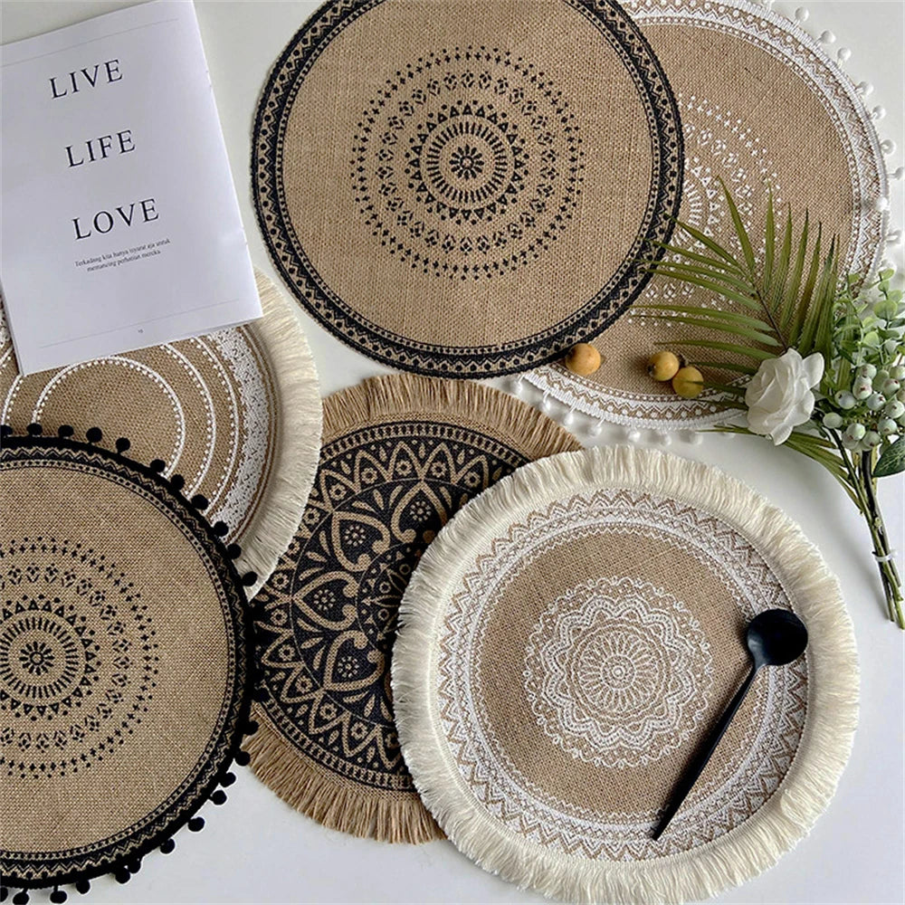 Handwoven Jute Table Mats with Mandala Fringe