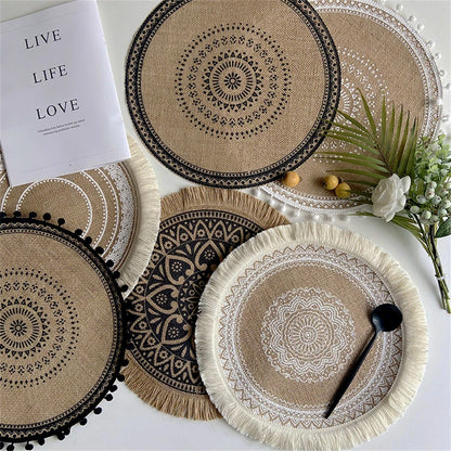 Handwoven Jute Table Mats with Mandala Fringe