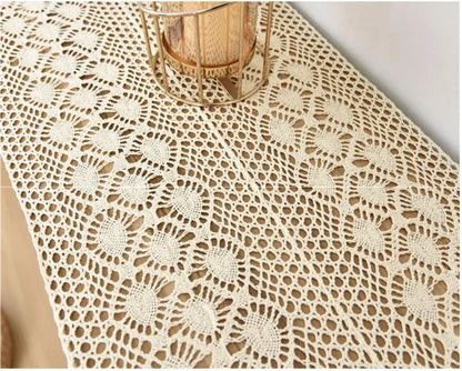 Boho Macrame Table Runner Cream Beige with Tassels