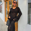 Summer knit hollow v neck beach maxi dress Black S