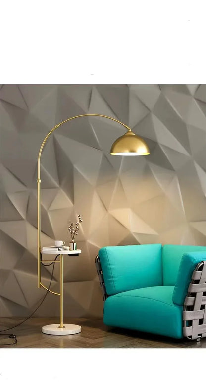 Modern arc floor lamp with wireless charging and drawer