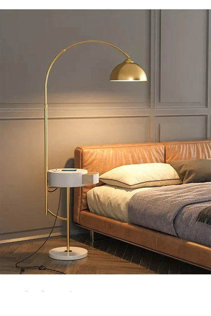 Modern arc floor lamp with wireless charging and drawer