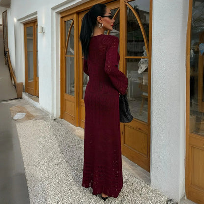 Summer knit hollow v neck beach maxi dress