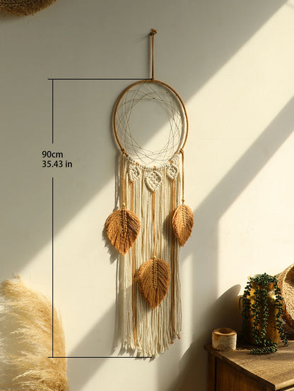 Large Macrame Dream Catcher Wall Hanging with Leaf Tassels