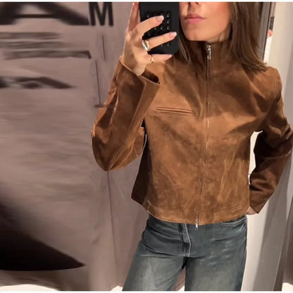Brown Faux Suede Jacket Women’s Moto Bomber with Pockets