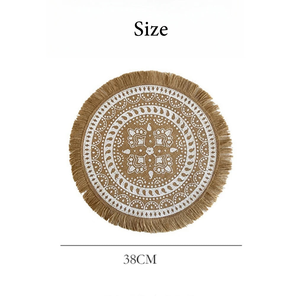 Handwoven Jute Table Mats with Mandala Fringe