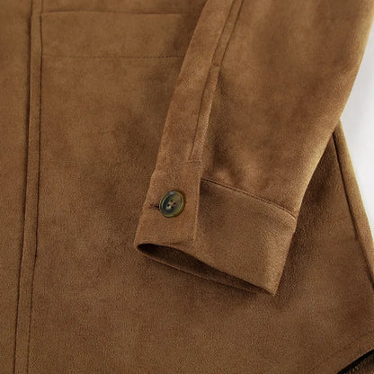 Brown Faux Suede Jacket Women’s Long Sleeve Lapel Coat with Pockets