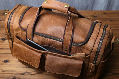 Brown Genuine Leather Duffle Overnight Bag