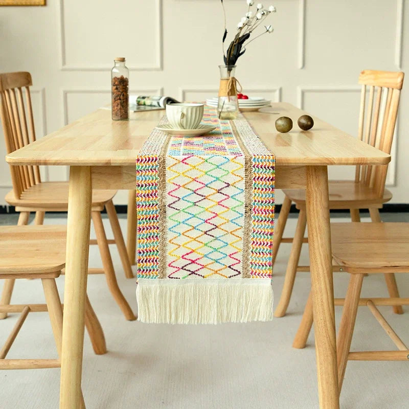 Geometric Boho Colorful Table Runner with Fringe