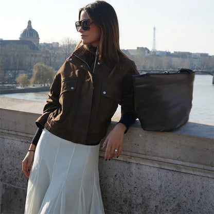 Dark Brown Faux Suede Moto Jacket Women’s Loose Fit