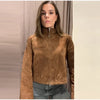 Brown Faux Suede Jacket Women’s Moto Bomber with Pockets