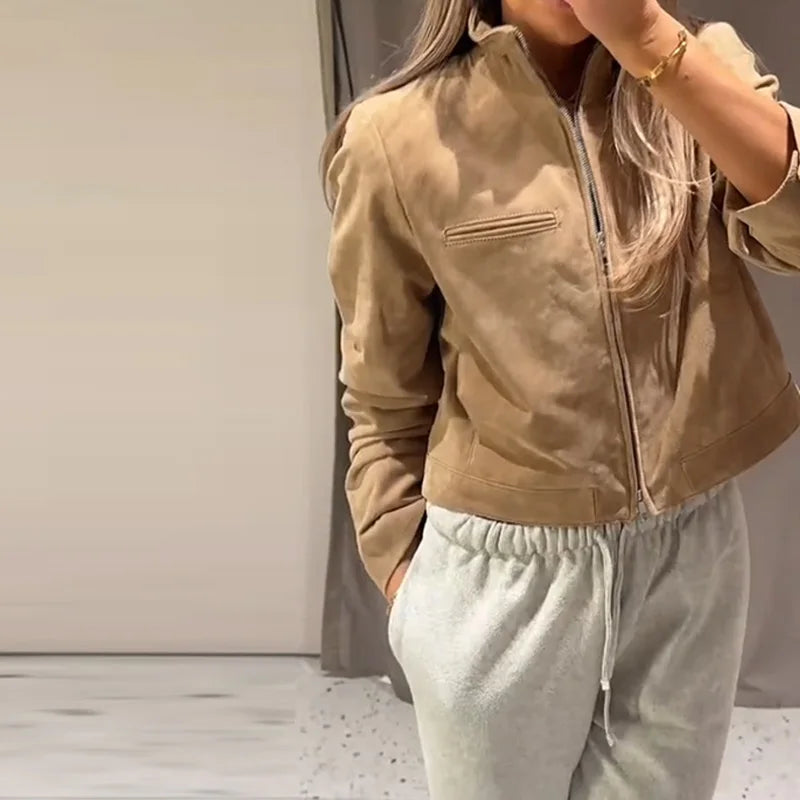 Brown Faux Suede Jacket Women’s Moto Bomber with Pockets