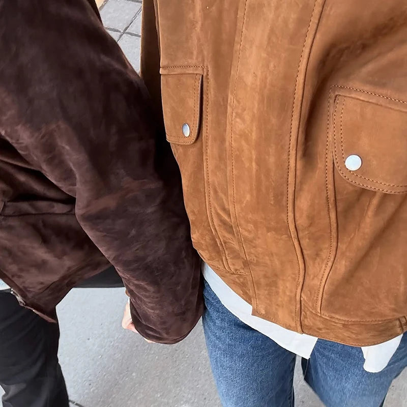 Dark Brown Faux Suede Moto Jacket Women’s Loose Fit