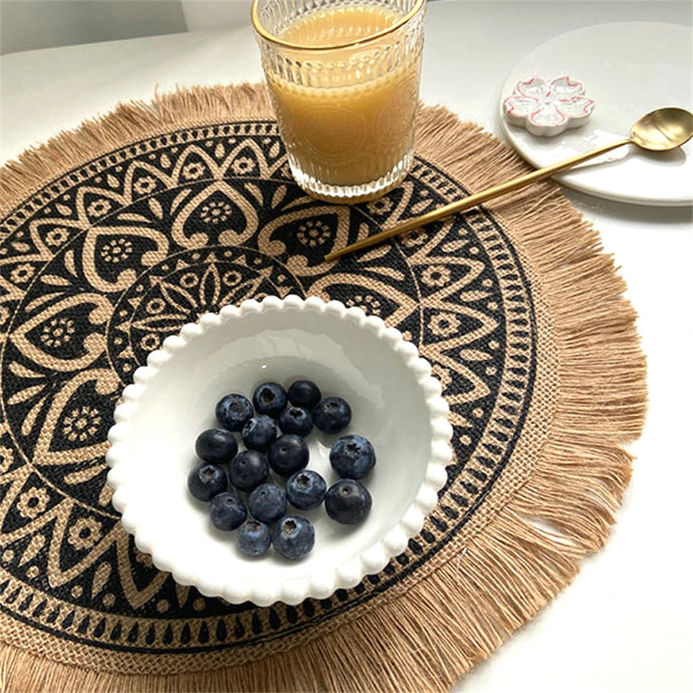 Handwoven Jute Table Mats with Mandala Fringe