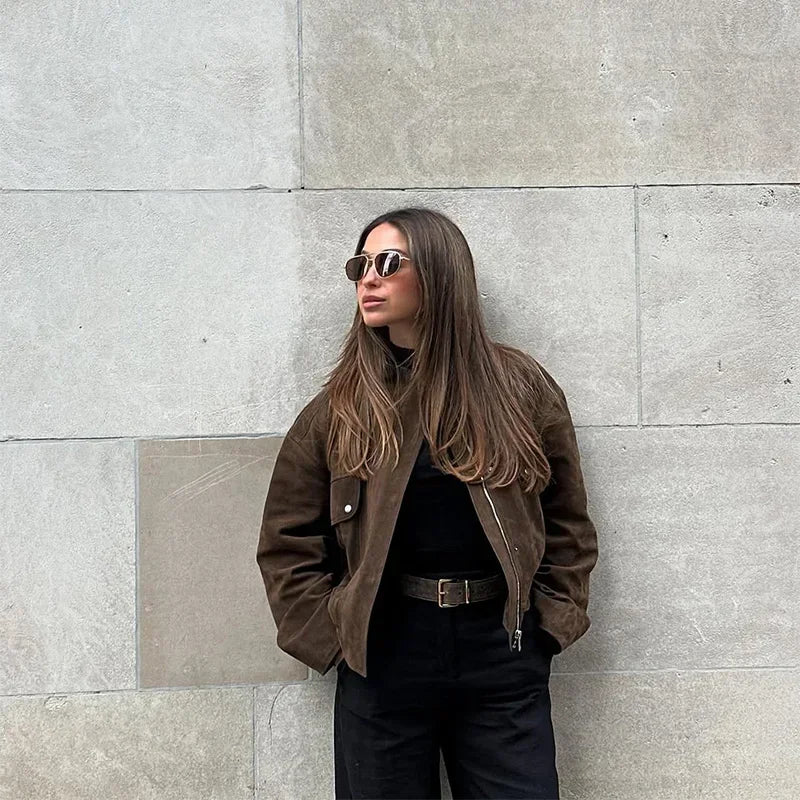 Dark Brown Faux Suede Moto Jacket Women’s Loose Fit