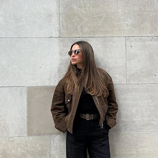 Dark Brown Faux Suede Moto Jacket Women’s Loose Fit
